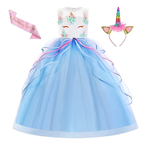 Beejirm Unicorn Dress for Girls Unicorn Costume with Headband & Satin Sash for Birthday Party (130 6-7 Years, Blue)