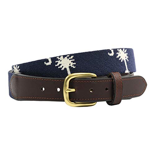 Carolina Crescent Palmetto Moon Navy Blue Leather Needlepoint Belt