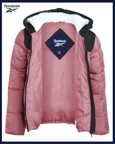 Image of Reebok Girls Heavyweight Poly Taffeta Puffer Jacket with Sherpa Hood | Insulated Quilting Locks in Warmth, Zip-Up Closure, Secure Pockets for Gloves, Cozy Protection for Cold-Weather Play