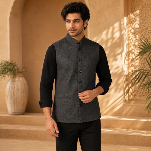 Image of Vastraa Fusion Men's Blue & Grey Chequered Woolen Blended Festive Nehru Jacket /Waistcoat