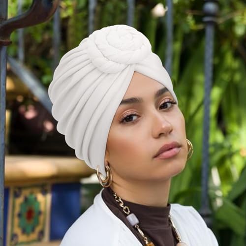 Image of DRESHOW 5 Pack Knotted Headwraps for Women African Turban Pre-Knotted Beanie Headwraps Hair Covers