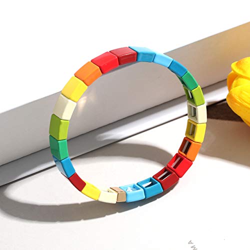 Lenoocle Rainbow Enamel Tile Bracelet Colorful Enameled Beaded Stretch Bracelet Stackable Color-Block Strand Bracelet Set For Women Men (Rainbow Light) #TOP4