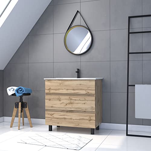 AURLANE Pack Meuble SDB 80cm sur Pieds 3 tiroirs Chene_Vasque Blanche + Miroir Barber - Timber 80_Pack48
