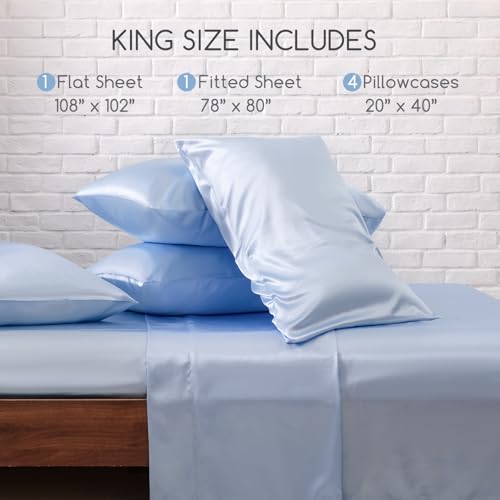 Image of MR&HM Satin Bed Sheets, King Size Sheets Set, 6 Pcs Silky Bedding Set with 15 Inches Deep Pocket for Mattress (King, Light Blue)