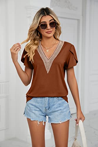 Bilike Jomex Womens V Neck T Shirts Summer Casual Petal Short Sleeve Tops Dressy Shirts Brown Xl #TOP1