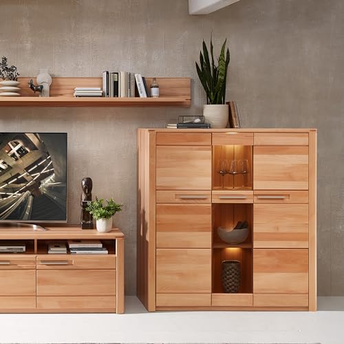 Nature ONE Highboard in Kernbuche Teil-massiv FSC-Zertifiziert - Moderner Wohnzimmerschrank mit viel Stauraum und LED-Beleuchtung - 127 x 137 x 40 cm (B/H/T)