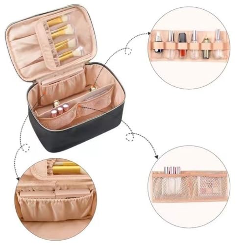LoveFirst Travel Makeup Bag Portable Cosmetic Bags with Brush Compartment with Handle Large Capacity Pu Material Waterproof Cosmetic Organiser Toiletry Bag for Women Travel Essentials(Colour: Beige) - Image 4