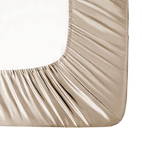 Image of Ersmak Satin Fitted Sheet Only, Luxury Silky King Fitted Sheet Ultra Soft Deep Pocket Bottom Sheet, Wrinkle & Fade Resistant - Beige