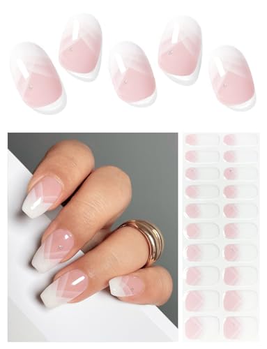 AutyaMee Semi Cured Gel Nail Strips (Elegant French), White French Tip, 20 Pcs Gel Nail Wraps, Stickers, UV Light Required, Salon Quality, Long Lasting