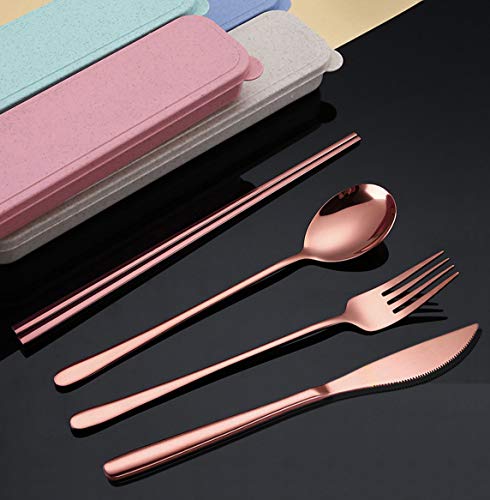 Aarainbow 6 Pieces 18/8 Stainless Steel Flatware Set Portable Reusable Cutlery Set Travel Utensils Set Including Chopsticks Knife Fork Spoon Straws Cleaning Brush Dishwasher Safe (Rose Gold) #TOP6