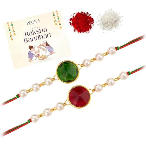 Image of Peora Rakhshabandhan Thread Rakhi for Brother Bhaiya | Kundan Beads & Crystal Studded | Combo Set of 2 | Rakhi Hamper Roli Chawal & Greeting Card