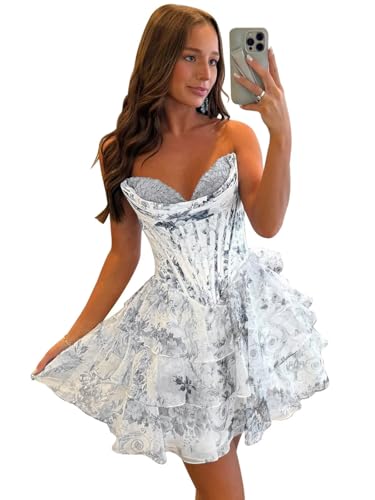 Floral Strapless Corset Short Homecoming Dresses for Teens 2025 Tiered Ruffle Graduation Cocktail Party Dress