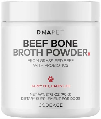 DNA PET Beef Bone Broth Powder for Dogs Supplement – Grass-Fed Beef with Canine Probiotics (Bacillus coagulans & Bacillus subtilis) - Canine Joint & Gut Wellness Support – All Breeds & Sizes – 3.17 oz