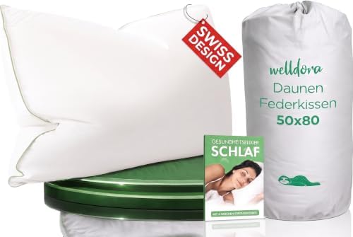 Welldora Kopfkissen 50x80, Premium 3-Kammer, Daunen & Federn, komfortweich | Daunenkissen mit luxuriösem Hotelgefühl für Rücken-/Seitenschläfer | Oeko-Tex geprüft | Markenspezialis