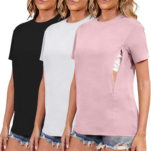 Image of Ecavus Women's 3-Pack Nursing Shirts for Breastfeeding with Hidden Zippers Loose Fit Maternity Tops