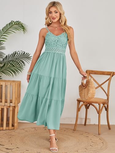 Image of Dokuritu Women's Beach Crochet Lace Maxi Dress Solid Color Summer Vacation Wedding Guest Spaghetti Strap Long Dress