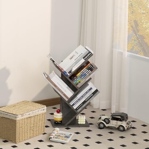 SHEEPAM 5 Tier Tree Book Shelf, Small Desktop Bookshelf with Storage Organizer, Wood Bookcase, Desk Display Bookshelves, Floor Standing Organizer Bookcases for Living Room,Bedroom,Office-Dark Grey — view 2