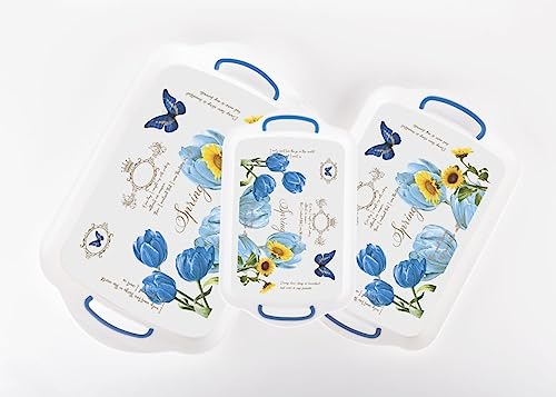 Image of Finner Premium Era Rectangular Serving Tray Set Of 3 Flower Print Design Plastic Material Glossy Finish Bpa Free Trays For Kitchen And Office And Home Decor (Black, Set Of 3)