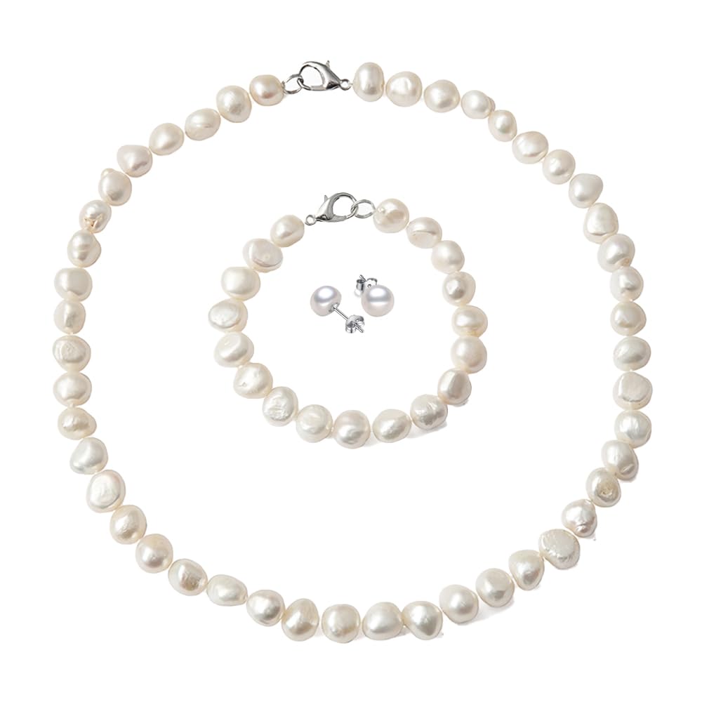TreasureBay - Parure di gioielli da donna con collana, bracciale e orecchini, composti da perle barocche naturali da 11-12 mm, grado AA