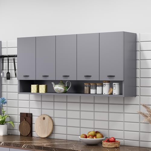 Image of Bniture Engineered Wood Wall-Mount Kitchen Cabinet | Modular Kitchen Storage Cabinet with Shelves & 5 Doors | Space-Saving Wall Cabinet for Kitchen (Slate Grey)
