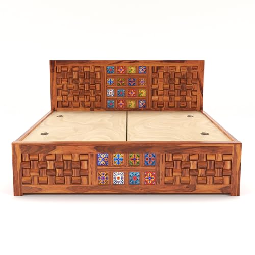 Image of Sheesham Wood Niwar Queen Size Bed with Box Storage for Living Room Wooden Furniture for Home (Honey Brown)