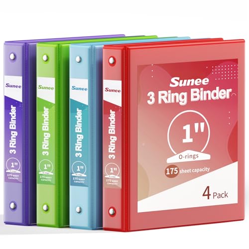 SUNEE 1 Inch Binders 3 Ring 4 Pack, 1" Classic 4-Color Binder Set (8.5x11 Inches) for Office, School or Home Supplies