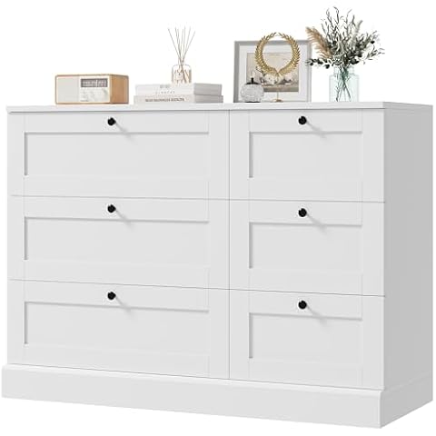 HOSTACK 6 Drawer Dresser, White Dresser for Bedroom, Wood Chest of Drawers, Wide Double Dresser, Modern Drawer Chest for Living Room, Entryway, Hallway, White Cover