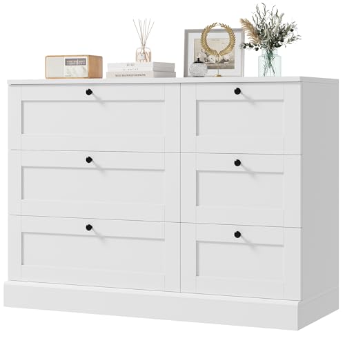 HOSTACK 6 Drawer Dresser, White Dresser for Bedroom, Wood Wide Chest of Drawers, Modern Drawer Chest for Living Room, Entryway, Hallway, White