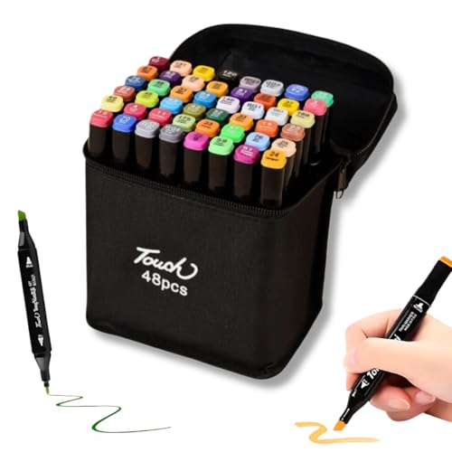 Estojo 48 Cores Caneta Ponta Dupla Touch Marcador Permanente, Canetinha Duas Pontas para Colorir Pintar Desenho Lettering Profissional e Escolar