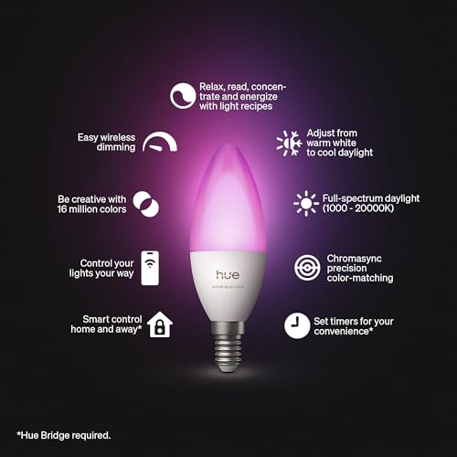 Image of Philips Hue Smart LED Candle Bulb, B39, E12, 1 Pack, White and Color Ambiance, Full Spectrum Light 1000K-20000K, 470 lm, Ultra-Low Dimming, Chromasync, Alexa, Google Home, Apple Home