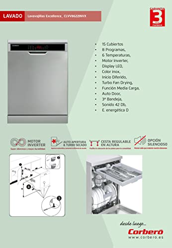 Corbero-CLVV8622INVX-Lavavajillas-Gama-Excellence-15-Ajustes-ubicacion8-P-6-Temp-Motor-Inverter-Inox-Inidio-Diferido-Turbo-Fan-Drying-3a-Bandeja-Media-Carga-Auto-Door-42-Db-E-Energetica-D