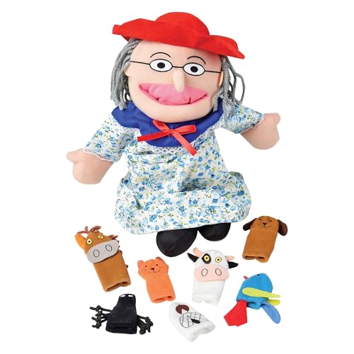 Constructive Playthings Plush 'Old Lady' Doll and Animal Finger Puppet Props Set for 'There Was An Old Lady Who Live Swallowed a Fly' Children's Book,...