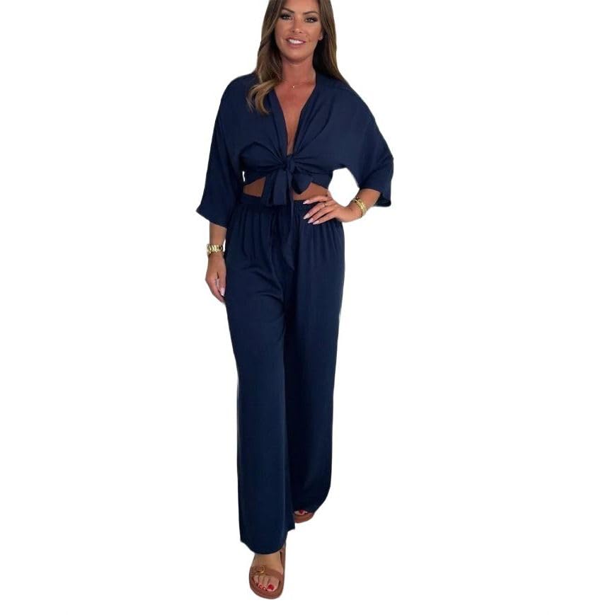 Ensemble 2 pièces femme avec chemise à ceinture et pantalon droit chic