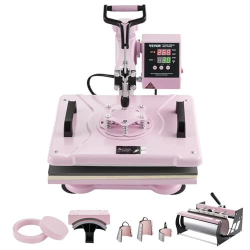 VEVOR 8 en 1 Máquina de Prensado por Calor con Prensa de Vaso de 325-887ml, 300 x 380 mm, Prensa Térmico con Giro de 360° con Control Digital Preciso para Camiseta, Taza, Sombrero y Plato, Rosa
