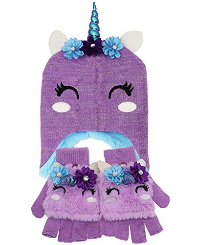 Little Girls Winter Unicorn Beanie Hat and Gloves Set Kids Knitted Earflap Cap Flip Top Mitten Set2