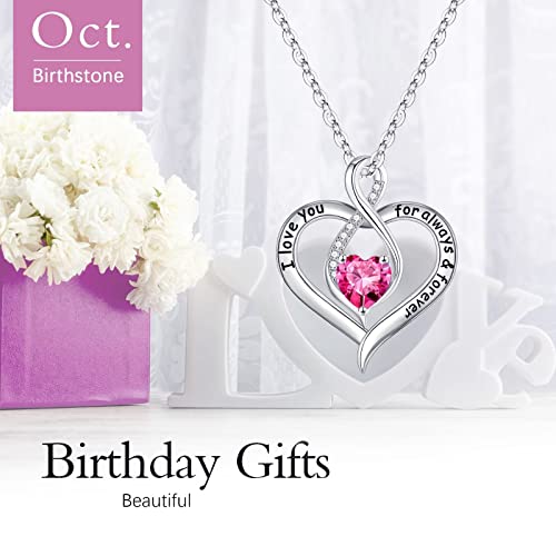 Ursilver Love Heart Pink Sapphire Birthstone Necklace - S925 Sterling Silver Birthstone Necklace October Birthstone Necklace Mothers Day Gifts Christmas Gifts Jewelry Gifts For Women Mom Wife Grandma #TOP2