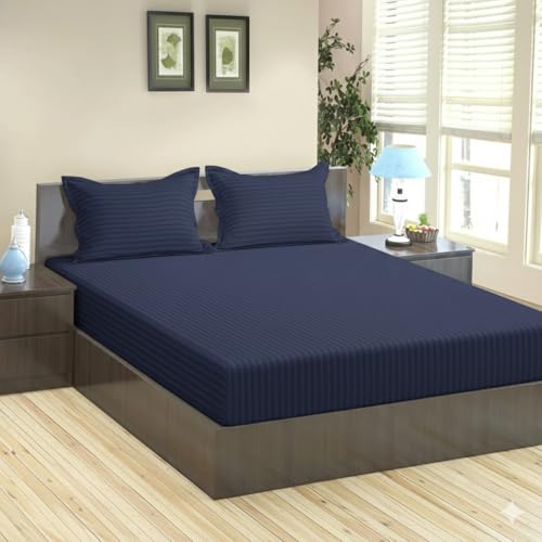 Trance Home Linen 100% Cotton 78x72 inch King Fitted 200TC Satin Stripe Elastic Fitted Bedsheet | Bedroom Hotels Daily Use Fitted Bedspread with 2 Pillow Covers (78"x72" | 6.5x6 feet, Dark Blue)