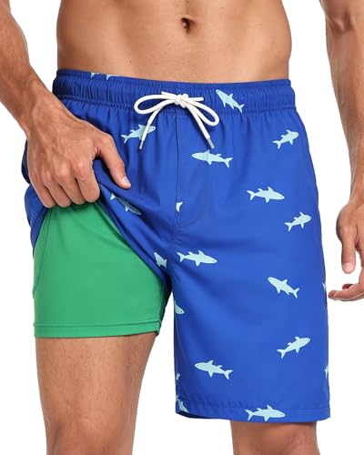 Image of Mens Swim Trunks with Compression Liner 2 in 1 Quick Dry Swimming Shorts Swimwear Bathing Suits with Pockets