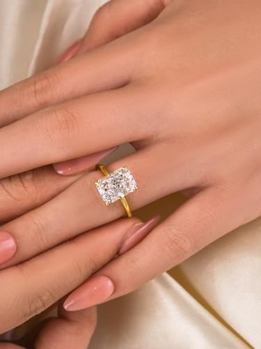 4.5CT Elongated Radiant Cut Solitaire Engagement Ring for Women, 925 Sterling Silver Simulated Diamond Promise Ring with 14K Yellow Gold Plated4