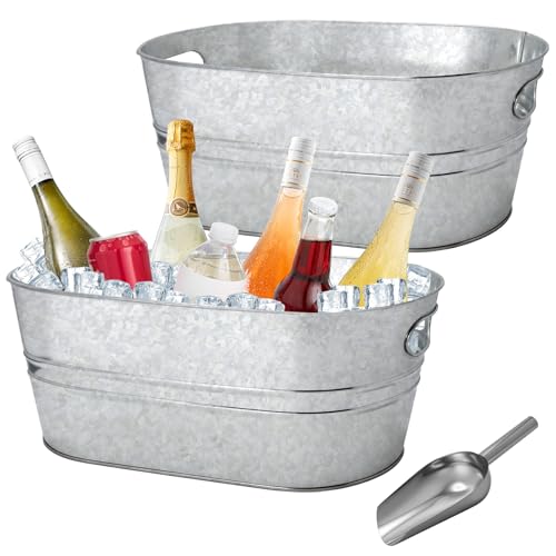 2 Pack 4 Gallon Galvanized Tub Ice Buckets for Parties Portable Beverage Tub Champagne Bucket Metal Ice Buckets for Cocktail Bar with Ice Scoop