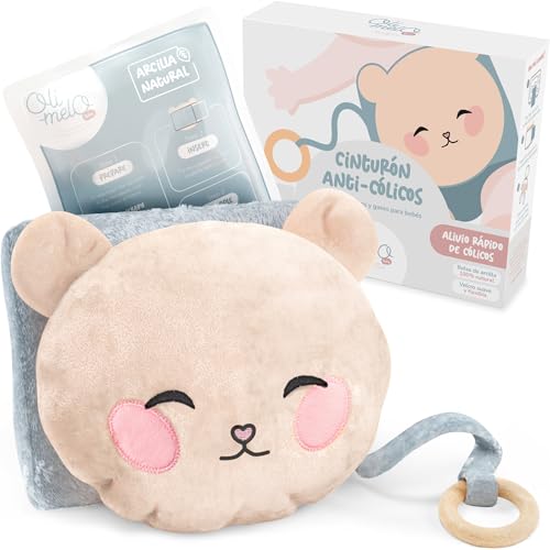 Oli-Melo Alivio de Cólicos y Gases para Bebés - Calor y Frío - Almohadilla de Arcilla para Barriguita y Reflujo - CE Certificado - Mordedera de Madera, Banda de Peluche, Infantes y Recién Nacidos