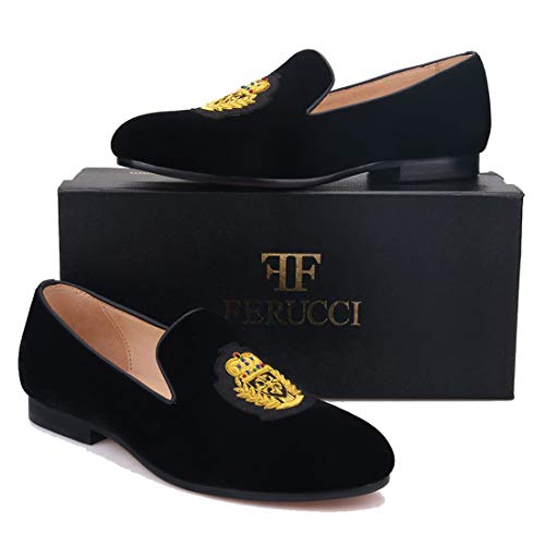 FERUCCI Black Velvet Loafer with Embroidery Slippers Flat Prom Wedding3
