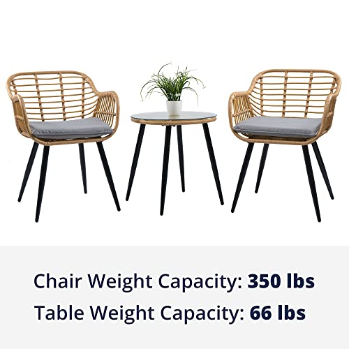 Cozy Castle 3-Piece Conversation Set, Bohemian Wicker Bistro Table And Chairs, Outdoor Patio Set For Porch, Balcony & Backyard, W/Gray Seat Cushions #TOP4