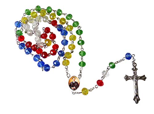 Jose Gregorio Hernandez Medico Venezolano Rosario de la Amistad Cuentas Arcoiris de Cuarzo Facetadas Centro y Crucifijo de Plata Anodizada Incluye Postal de Rezo
