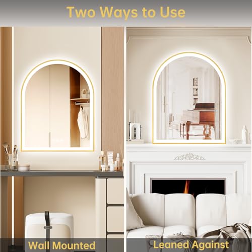 Image of Arched LED Mirror for Bathroom 24 inchx30 inch, Brushed Gold Lighted Bathroom Mirror with Lights, Fogless, Dimmable, Shatterproof, Touch Sensor, 3 Color Changing