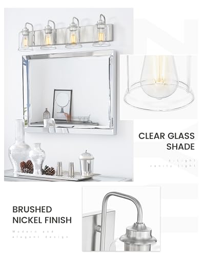 Image of zeyu 28.5 Inch Bathroom Wall Light Over Mirror, 4-Light Vanity Lighting Fixture, Brushed Nickel Finish with Clear Glass Shade, ZSL72B-4W BN