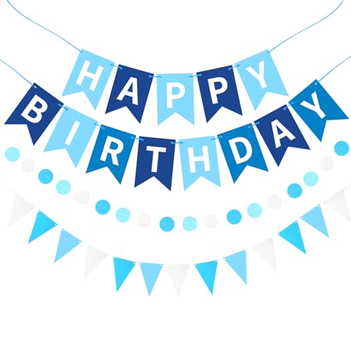Image of Sky Blue Happy Birthday Banner Hanging Sign Circle Dot Triangle Bunting