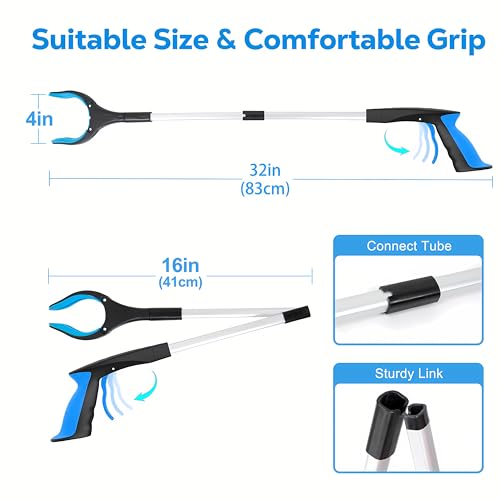 grabber reacher tool - 32 extra long foldable gripper and reaching tool - heavy duty pick up stick grabbers for seniors trash surgery recovery must haves gifts blue