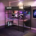 X-Rocker Battlebunk RGB 3ft Single High Sleeper Bunk Bed for Kids & Teens - App Controlled LED Lights, Gaming Desk & PC Storage Shelf, Display Shelving, Sturdy Metal - Black - 90x190cm