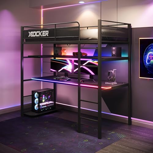 X-Rocker Battlebunk RGB 3ft Single High Sleeper Bunk Bed for Kids & Teens - App Controlled LED Lights Gaming Desk & PC Storage Shelf Display Shelving Sturdy Metal - Black - 90x190cm
